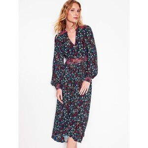 Boden Sz 6 Blue Zoe Trim Detail Long Sleeve Floral Midi Dress Cottagecore